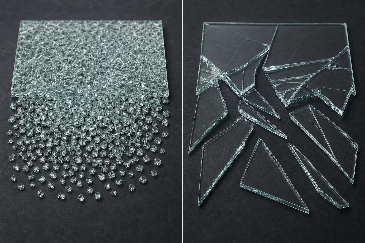 Toughened glass breaking into small granules compared with sharp float glass shards